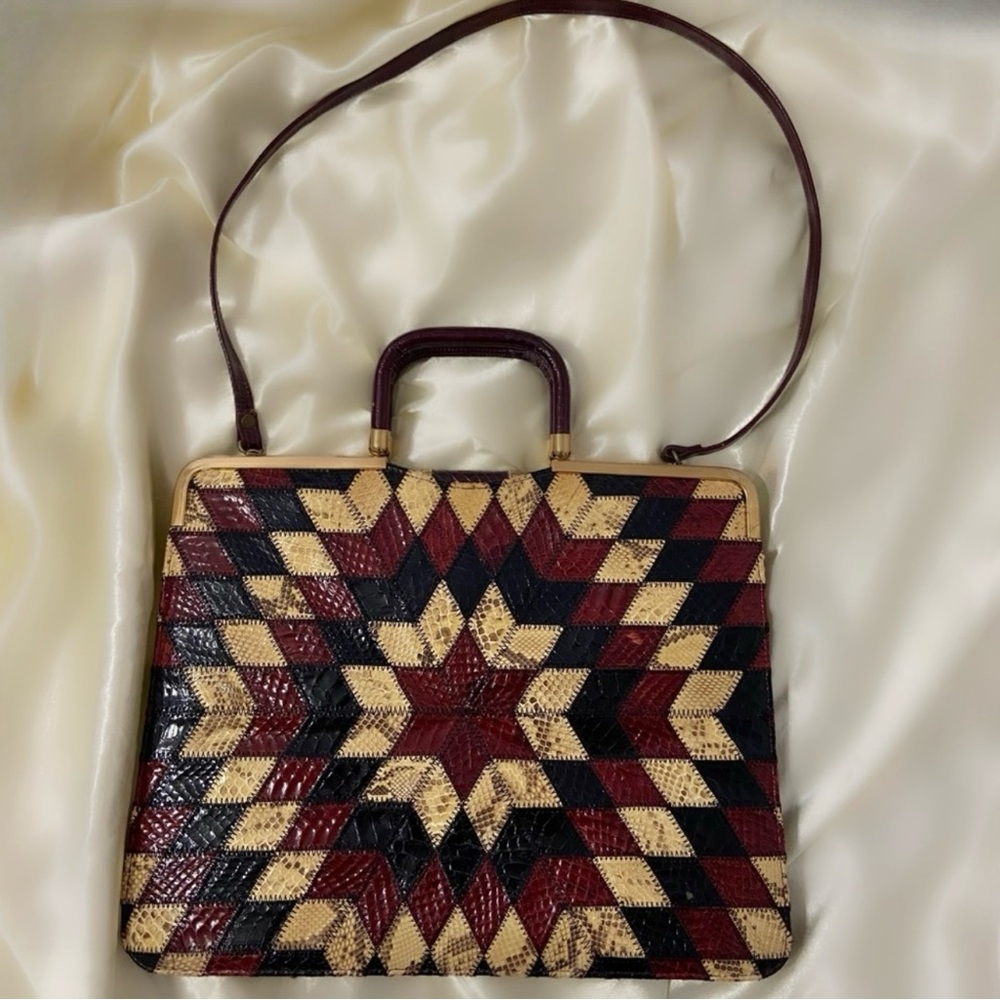 Vintage 70s leather snakeskin starburst Colorblock clutch handbag purse Ackery